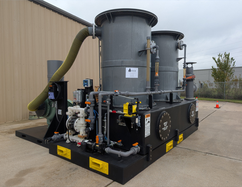 Industrial air scrubber unit on a black metal base.